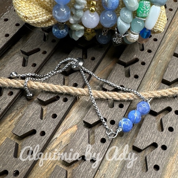 Silver aquamarine tassel adjustable bracelet for stacking - Picture 1 of 2
